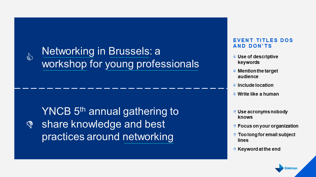 online event promotion in Brussels - titles